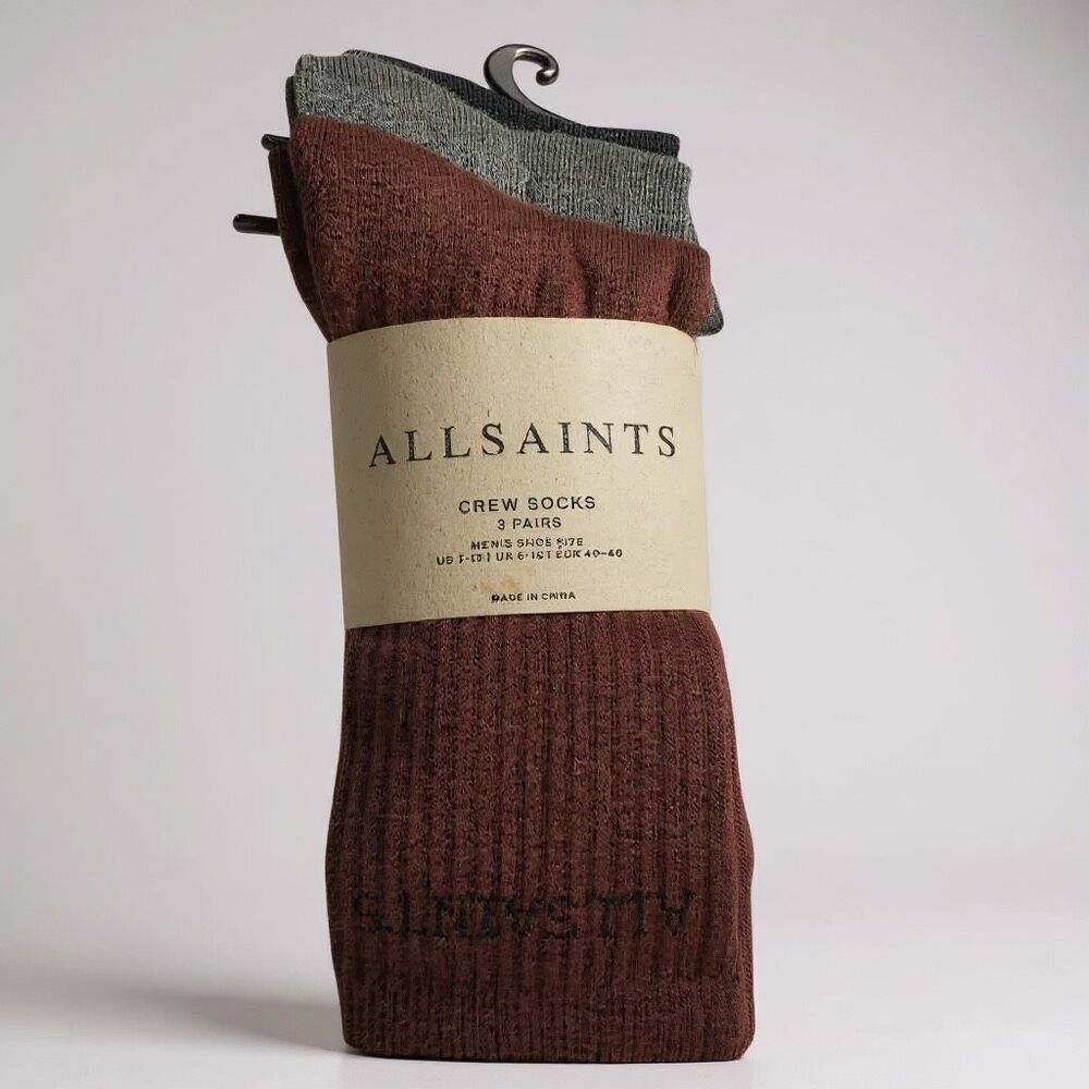 AllSaints Crew Socks 3 Pack Brown,Black Gray Cotton Essentials Socks Men’s 7–13